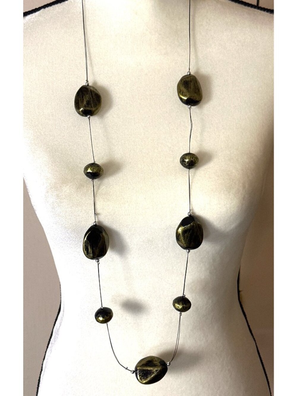 Long Metallic Floating Bead Necklace Black Gold Distressed Earthy Timeless